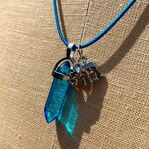 Handmade Aqua Blue Resin Crystal Amulet Necklace & Elephant Charm